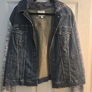 Torrid Blue Denim Jacket with Gray Knit Sleeves